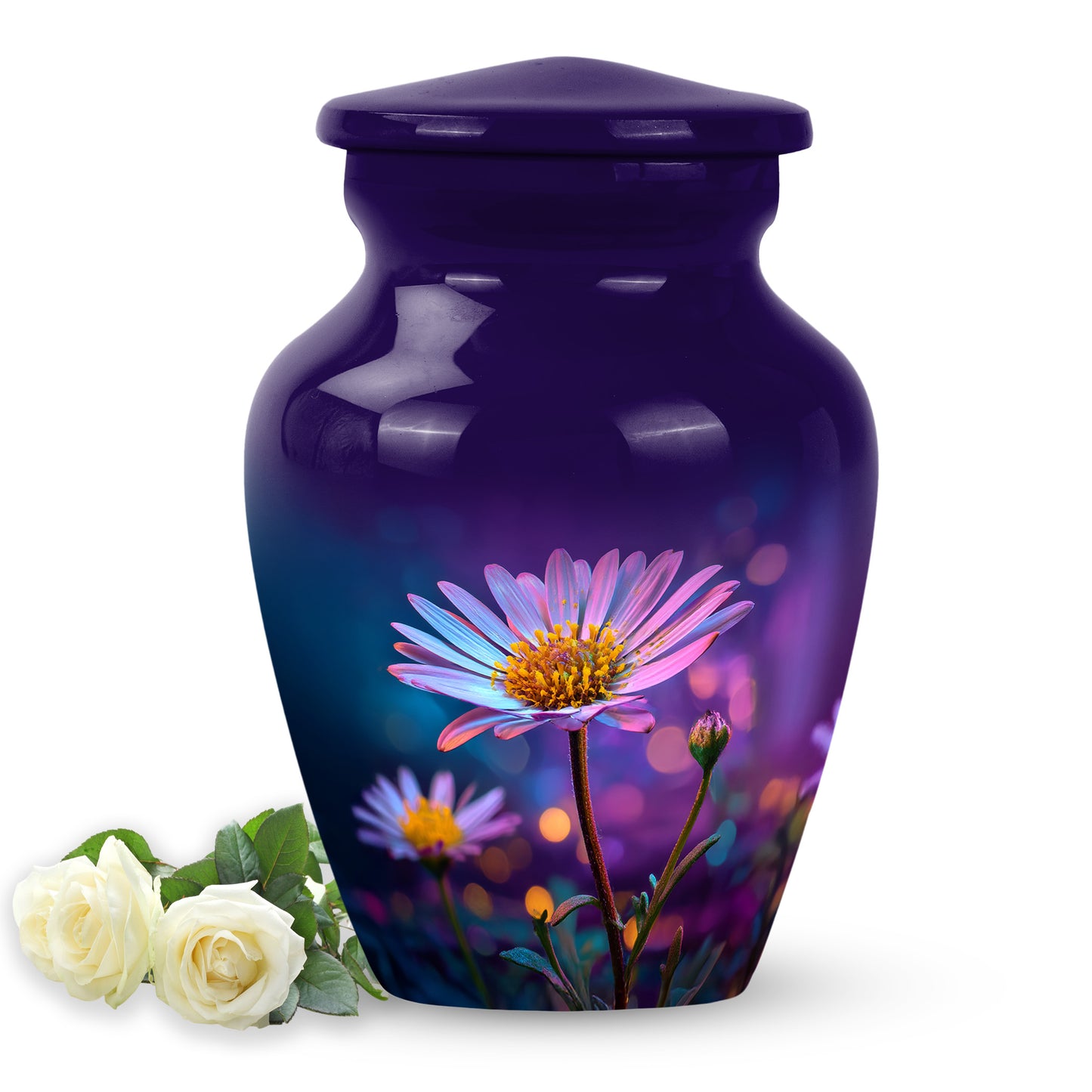 Personalized Purple Steadfast Daisy Cremation Urns for Human Ashes - 10-inch, 200 cu in - Yatskia