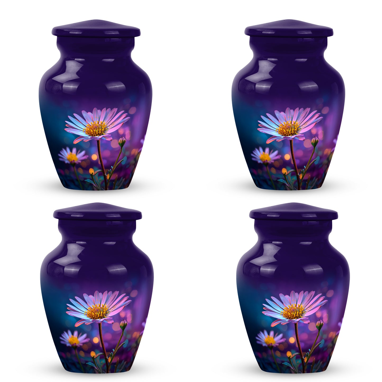 Majestic Purple Daisy Cremation Urn side profile showing urn shape - timeless daisy motif etched into premium metal - 10 inch aluminum urn for cremated remains