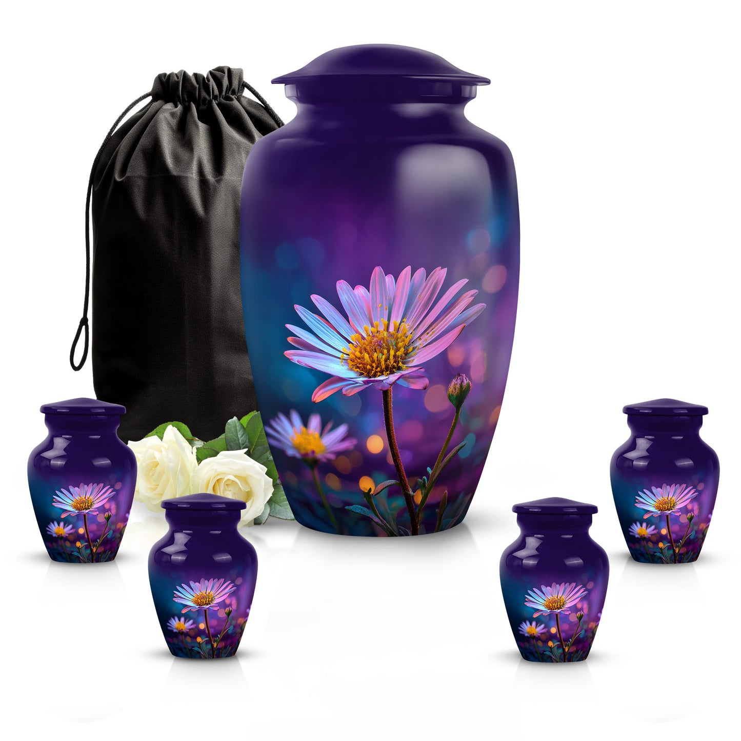 Plum Purple Daisy Cremation Urn top-down view of secure threaded lid - classic sculpted daisy pattern on smooth aluminum - memorial set with one large and four small urns