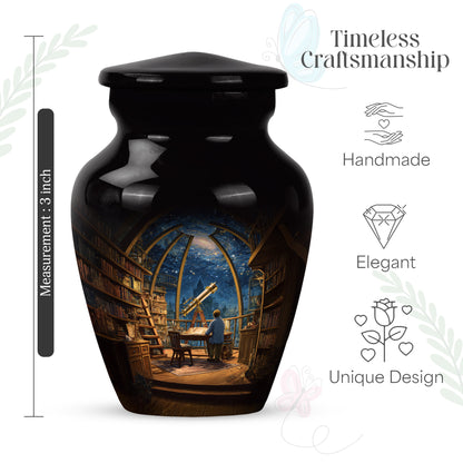 Celestial Blue Angel Cremation Urn angled view of lid and engraved motif - traditional angel engraving with hand-polished finish - mini keepsake memorial for portion of cremation ashes