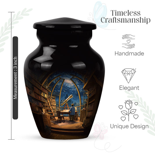 Celestial Blue Angel Cremation Urn angled view of lid and engraved motif - traditional angel engraving with hand-polished finish - mini keepsake memorial for portion of cremation ashes