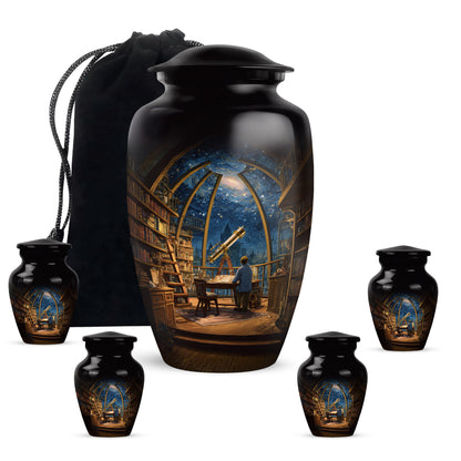Ocean Blue Angel Cremation Urn side profile showing urn shape - elegant classic angel relief with fine detailing - memorial set with one large and four small urns