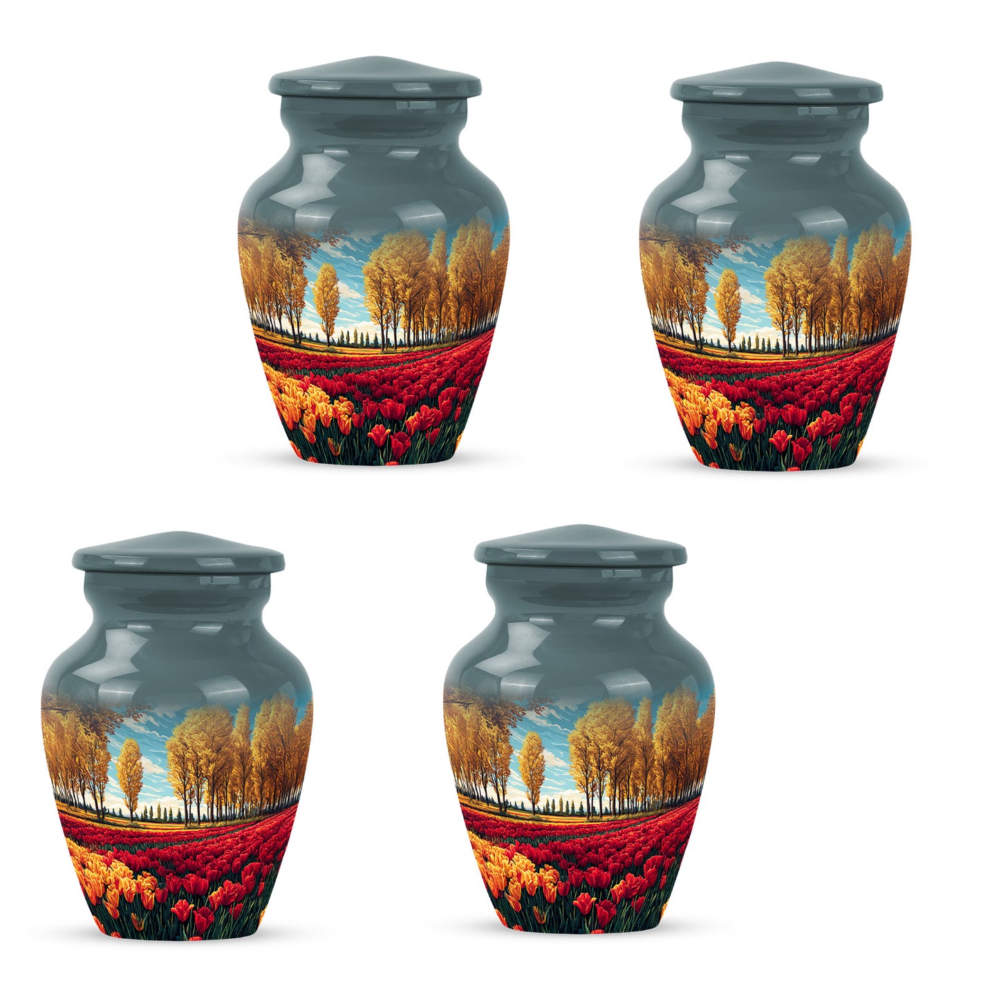 Soft Teal Garden Tulip Cremation Urn side profile showing urn shape - classic sculpted garden tulip pattern on smooth aluminum - 10 inch aluminum urn for cremated remains