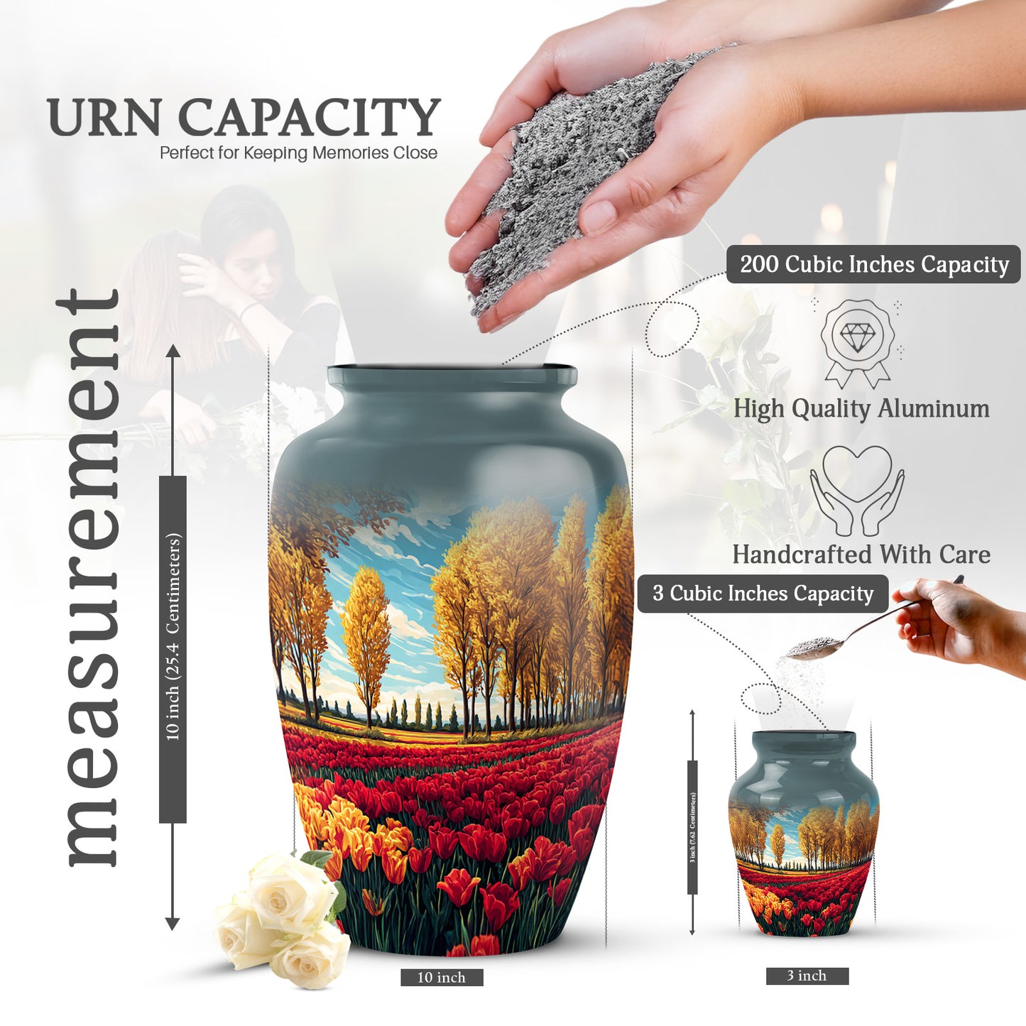 Sea Green Teal Garden Tulip Cremation Urn close-up of engraving and surface detail - classic sculpted garden tulip pattern on smooth aluminum - mini keepsake memorial for portion of cremation ashes