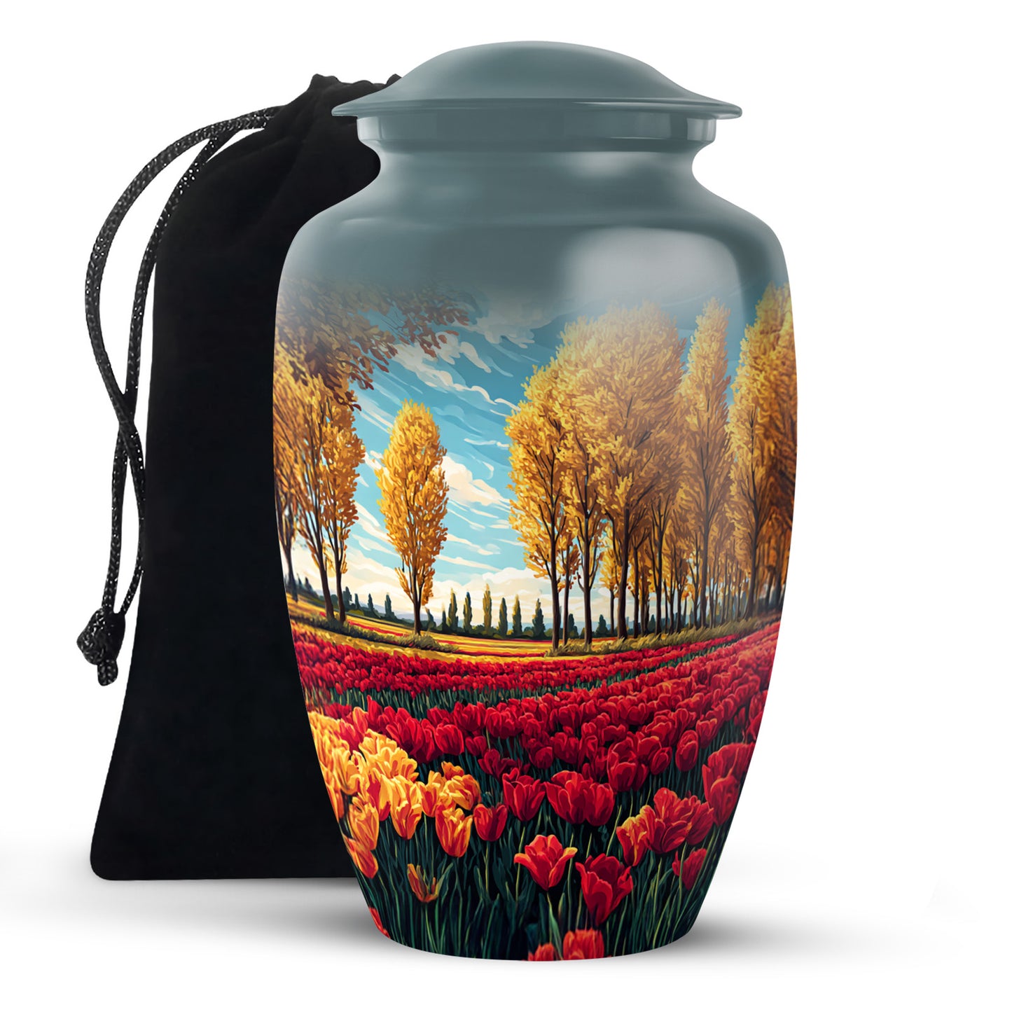 Deep Teal Garden Tulip Cremation Urn angled view of lid and engraved motif - elegant classic garden tulip relief with fine detailing - full-size 10 inch 200 cubic inch adult cremation urn