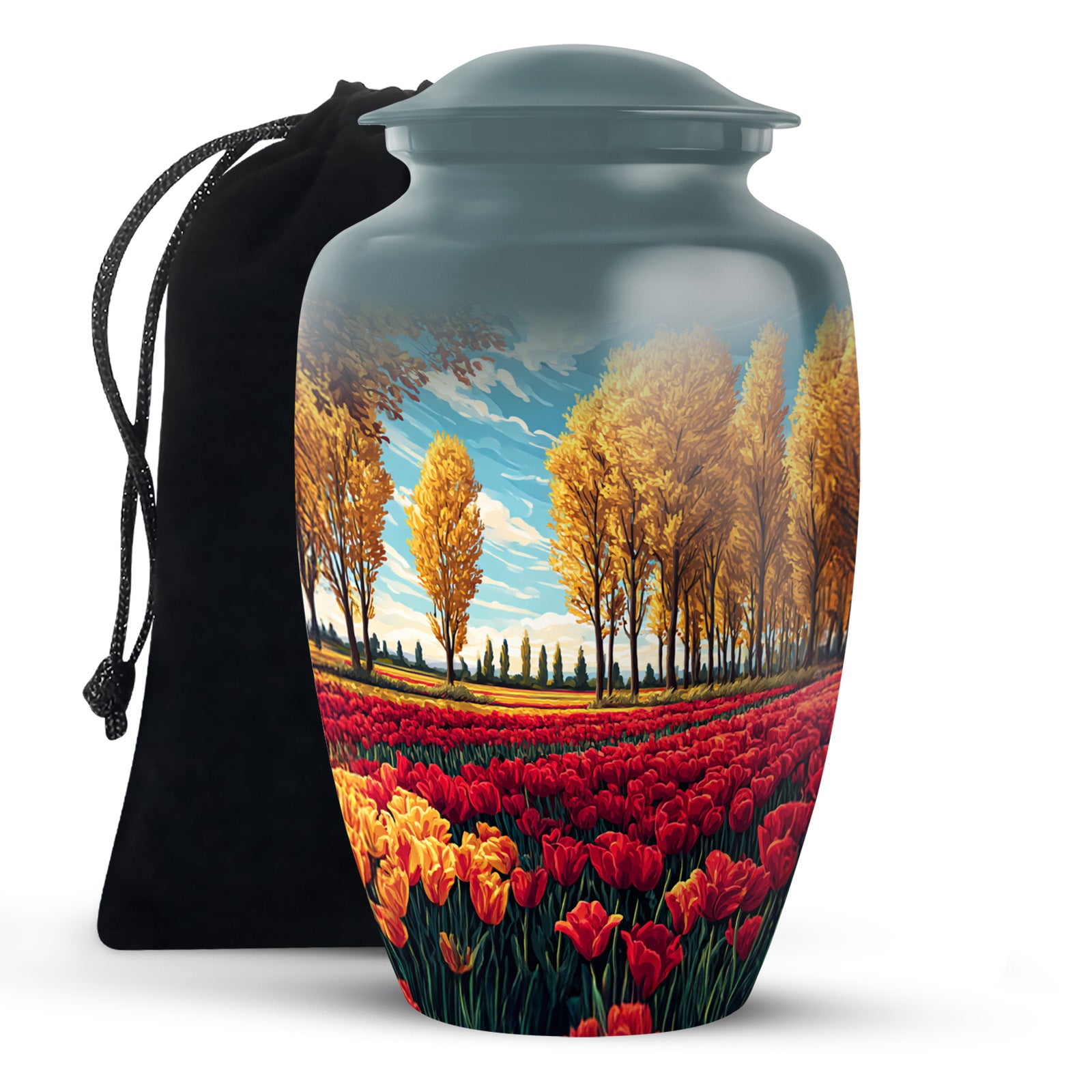 Deep Teal Garden Tulip Cremation Urn angled view of lid and engraved motif - elegant classic garden tulip relief with fine detailing - full-size 10 inch 200 cubic inch adult cremation urn