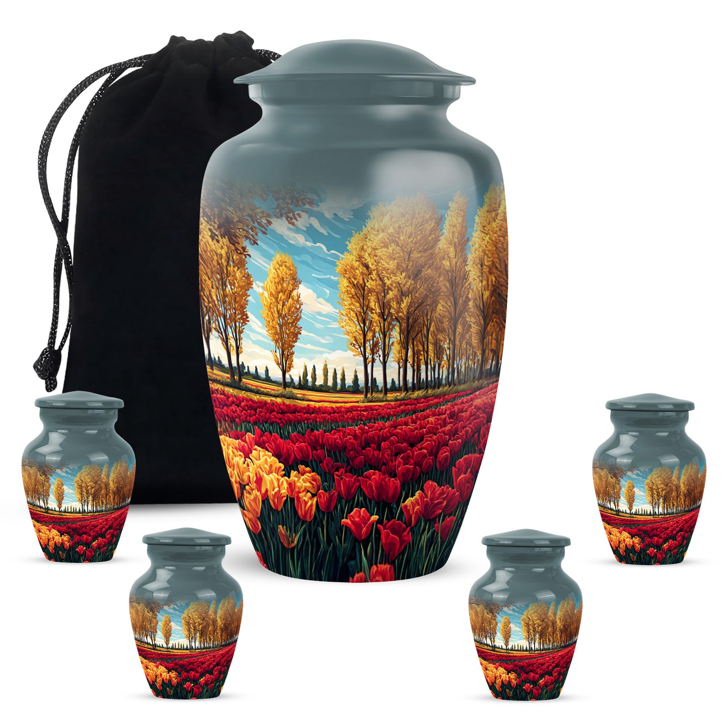 Cool Teal Garden Tulip Cremation Urn top-down view of secure threaded lid - timeless garden tulip motif etched into premium metal - memorial set with one large and four small urns
