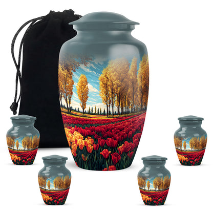 Cool Teal Garden Tulip Cremation Urn top-down view of secure threaded lid - timeless garden tulip motif etched into premium metal - memorial set with one large and four small urns