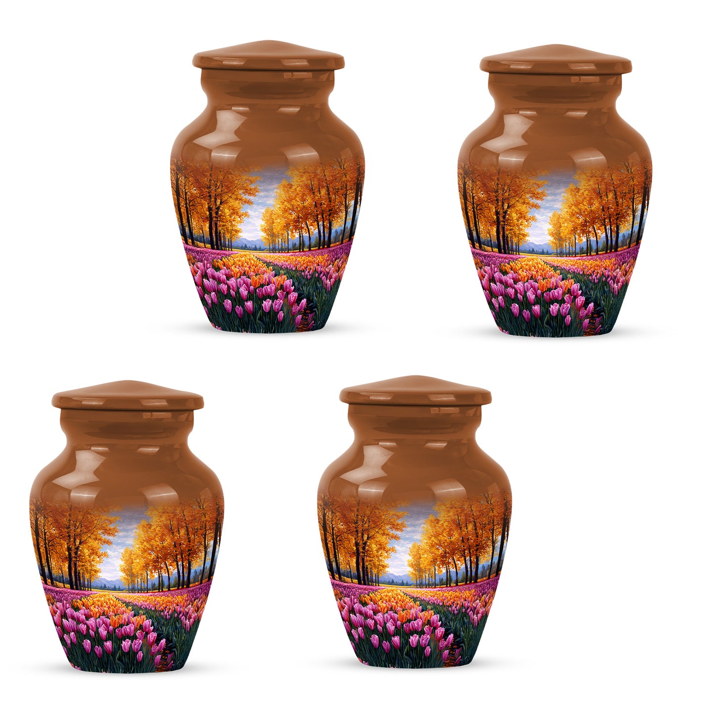 Matte Gold Garden Tulip Cremation Urn side profile showing urn shape - elegant classic garden tulip relief with fine detailing - 10 inch aluminum urn for cremated remains