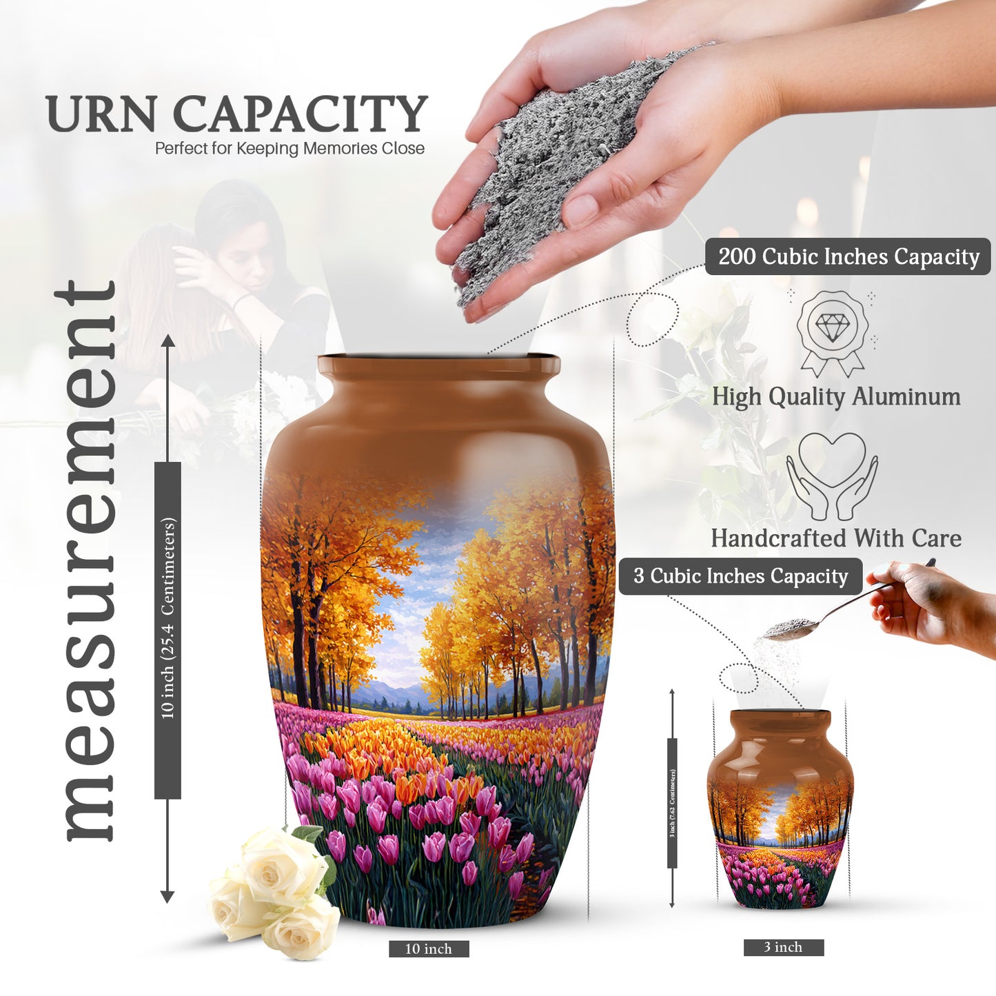 Amber Gold Garden Tulip Cremation Urn close-up of engraving and surface detail - classic sculpted garden tulip pattern on smooth aluminum - mini keepsake memorial for portion of cremation ashes