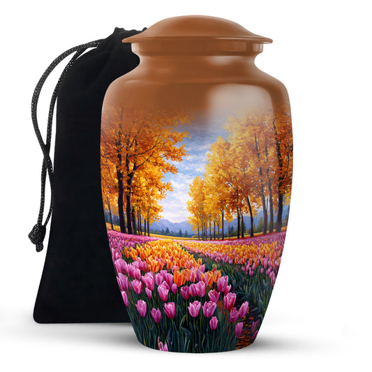 Warm Gold Garden Tulip Cremation Urn angled view of lid and engraved motif - traditional garden tulip engraving with hand-polished finish - full-size 10 inch 200 cubic inch adult cremation urn