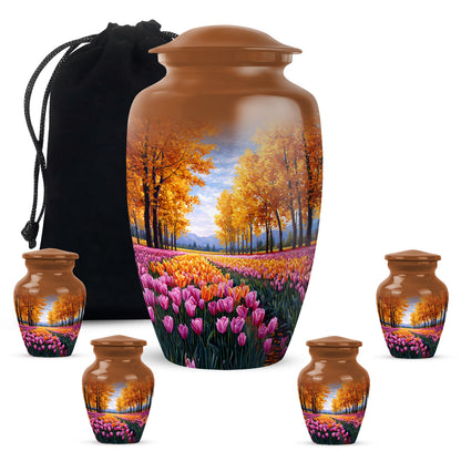 Harvest Gold Garden Tulip Cremation Urn top-down view of secure threaded lid - traditional garden tulip engraving with hand-polished finish - memorial set with one large and four small urns