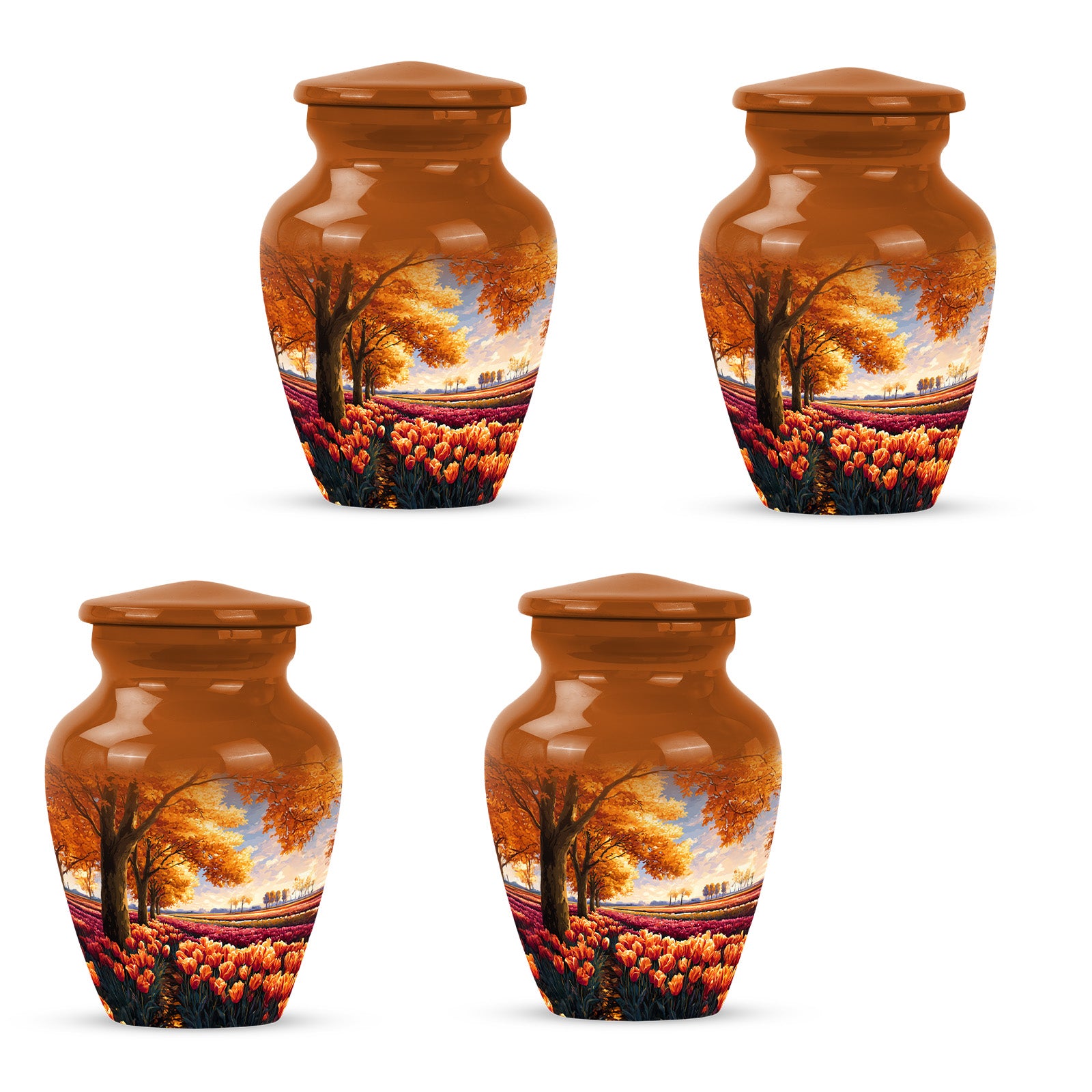 Burnished Gold Garden Tulip Cremation Urn side profile showing urn shape - traditional garden tulip engraving with hand-polished finish - 10 inch aluminum urn for cremated remains