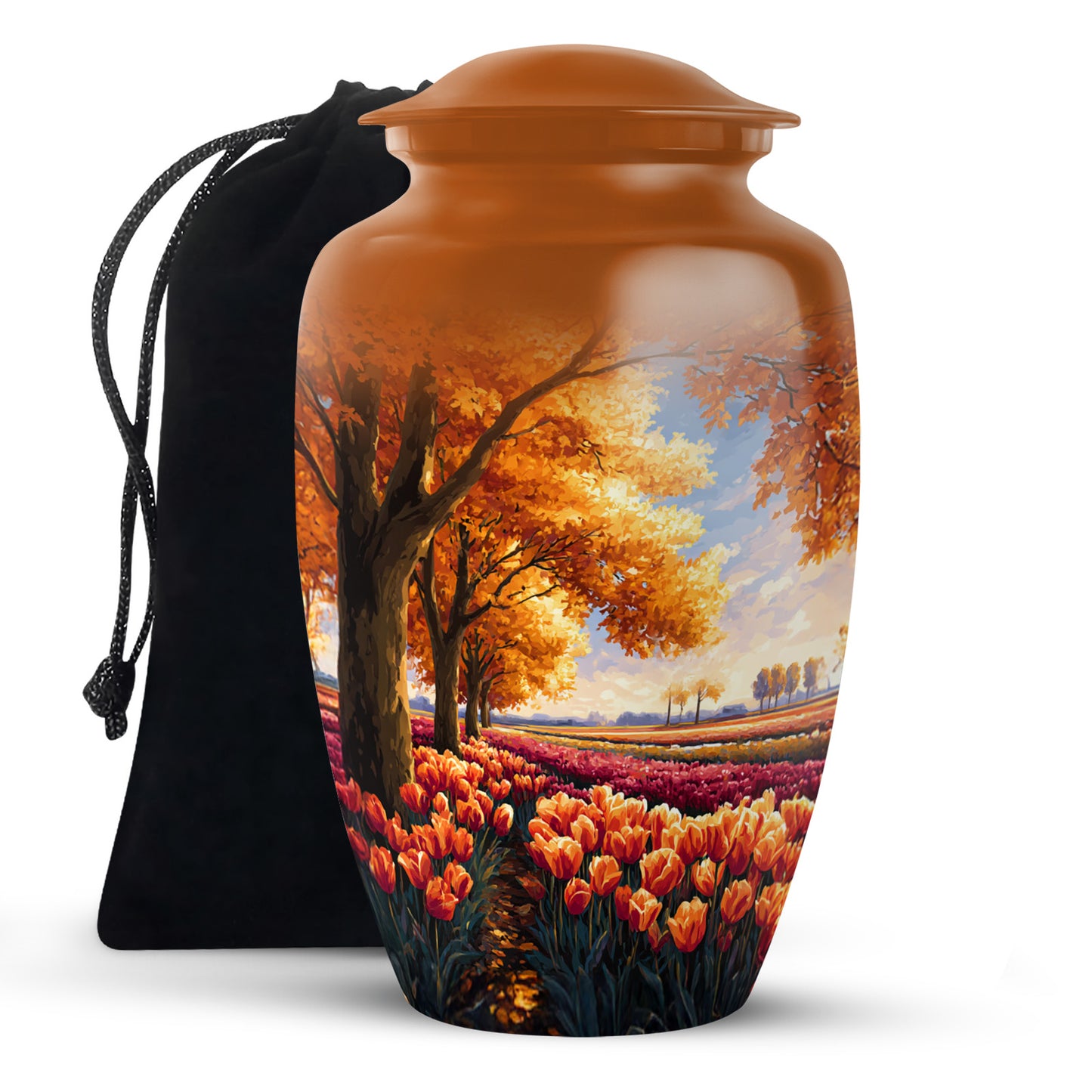 Champagne Gold Garden Tulip Cremation Urn angled view of lid and engraved motif - timeless garden tulip motif etched into premium metal - full-size 10 inch 200 cubic inch adult cremation urn