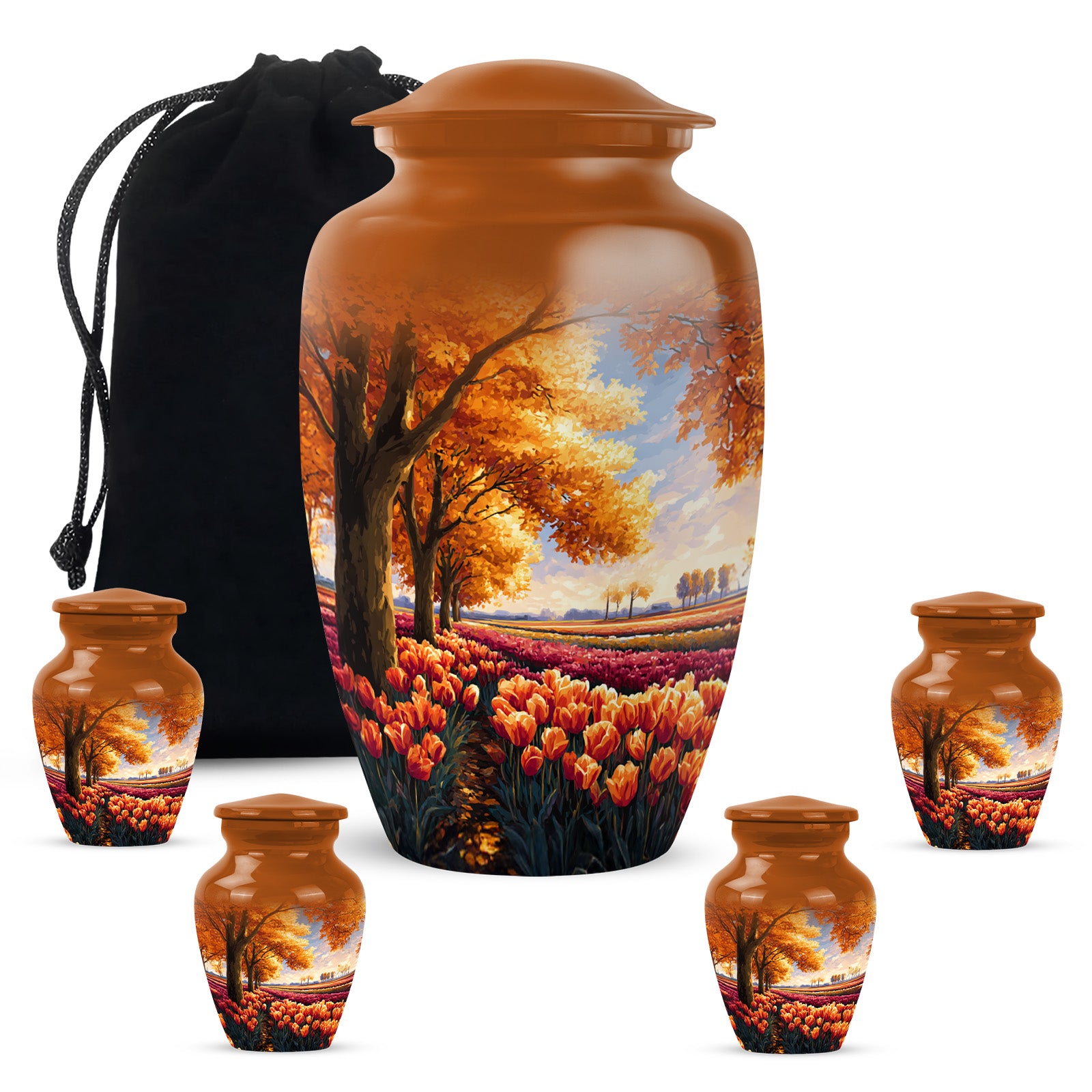 Warm Gold Garden Tulip Cremation Urn top-down view of secure threaded lid - elegant classic garden tulip relief with fine detailing - memorial set with one large and four small urns