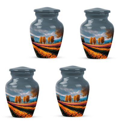 Indigo Garden Tulip Cremation Urn side profile showing urn shape - classic sculpted garden tulip pattern on smooth aluminum - 10 inch aluminum urn for cremated remains