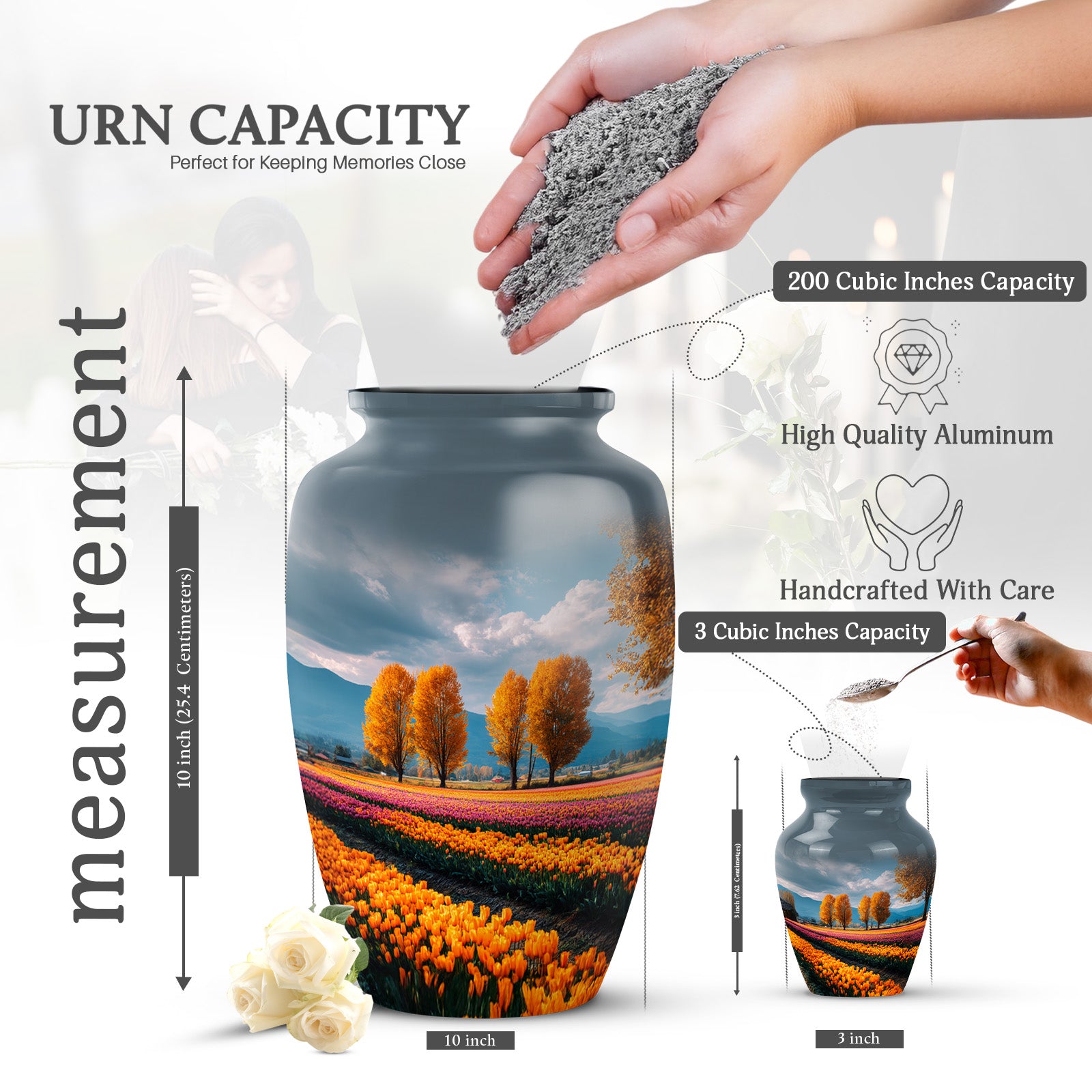 Steel Blue Garden Tulip Cremation Urn close-up of engraving and surface detail - elegant classic garden tulip relief with fine detailing - mini keepsake memorial for portion of cremation ashes