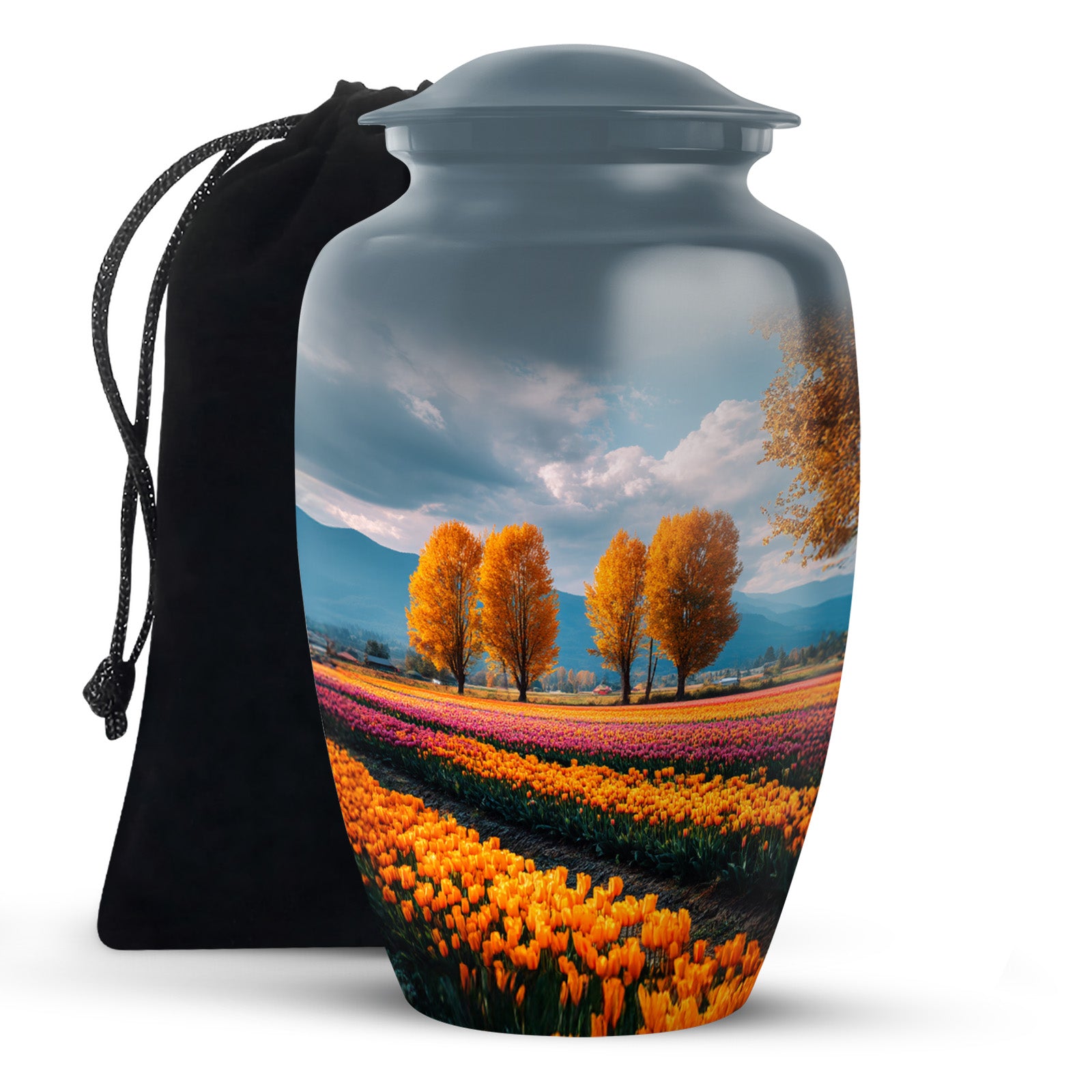 Serene Blue Garden Tulip Cremation Urn angled view of lid and engraved motif - traditional garden tulip engraving with hand-polished finish - full-size 10 inch 200 cubic inch adult cremation urn