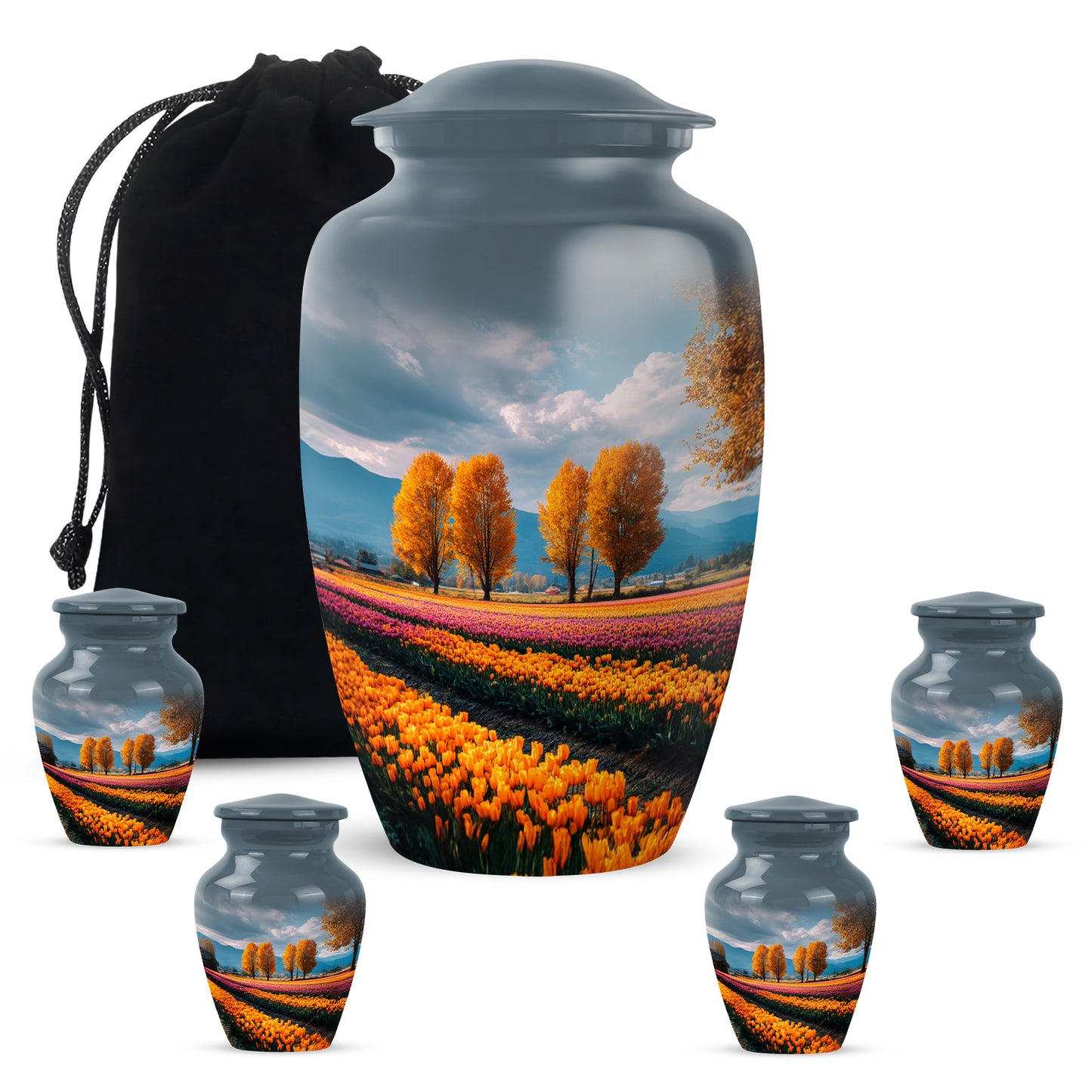 Indigo Garden Tulip Cremation Urn top-down view of secure threaded lid - classic sculpted garden tulip pattern on smooth aluminum - memorial set with one large and four small urns