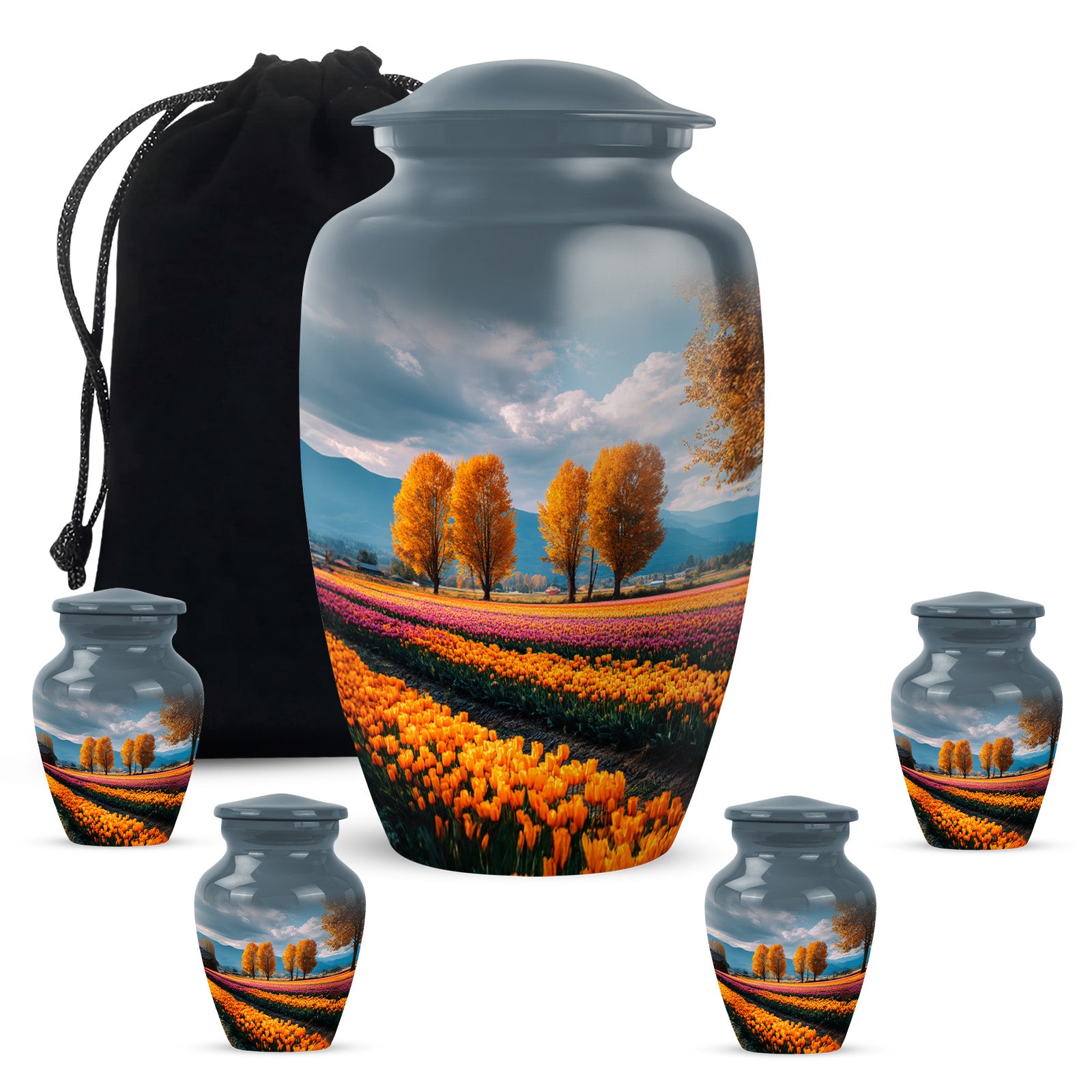 Indigo Garden Tulip Cremation Urn top-down view of secure threaded lid - classic sculpted garden tulip pattern on smooth aluminum - memorial set with one large and four small urns