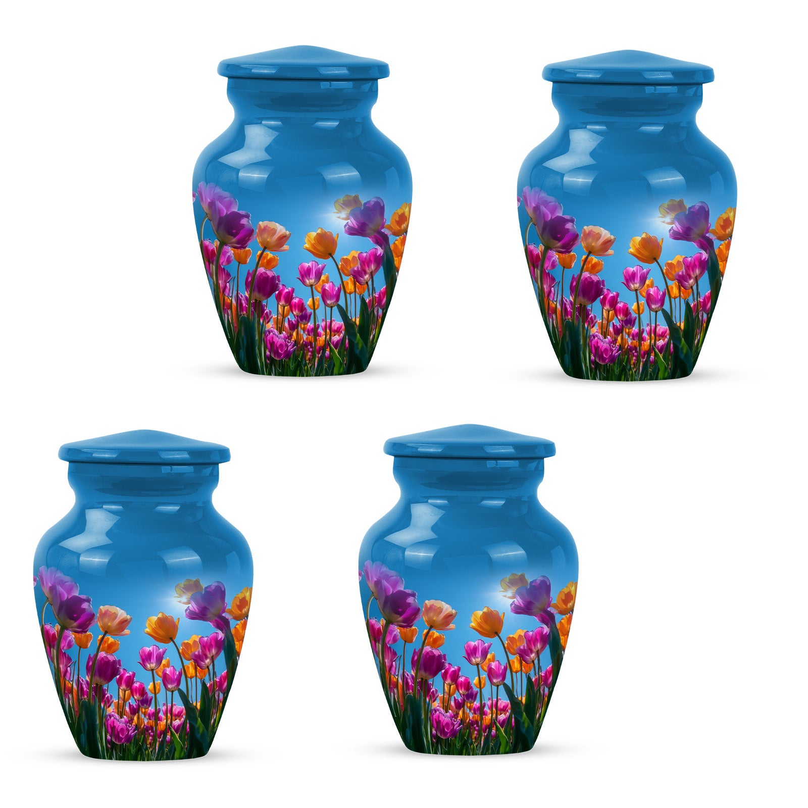 Slate Blue Garden Tulip Cremation Urn side profile showing urn shape - classic sculpted garden tulip pattern on smooth aluminum - 10 inch aluminum urn for cremated remains
