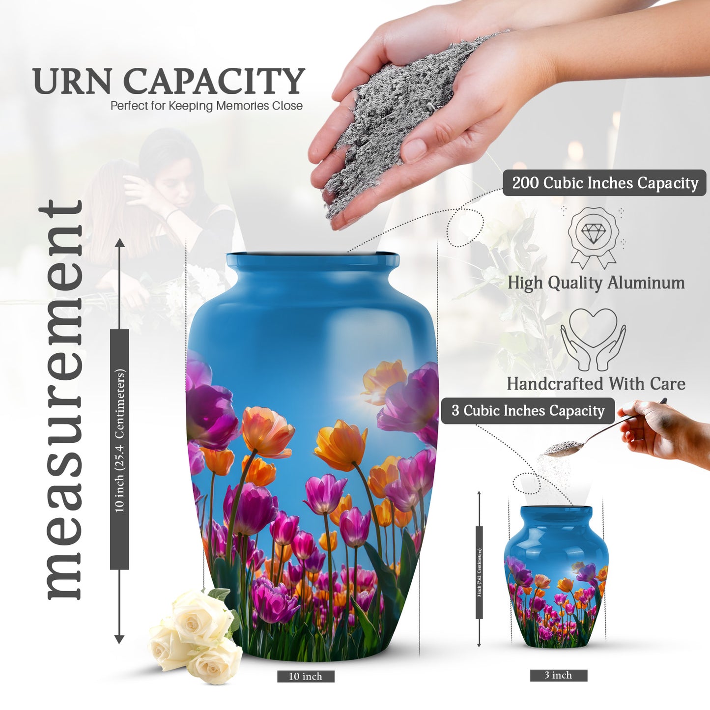 Bright Blue Garden Tulip Cremation Urn close-up of engraving and surface detail - elegant classic garden tulip relief with fine detailing - mini keepsake memorial for portion of cremation ashes