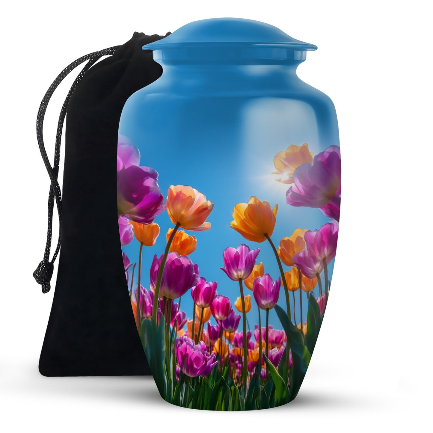 Navy Blue Garden Tulip Cremation Urn angled view of lid and engraved motif - timeless garden tulip motif etched into premium metal - full-size 10 inch 200 cubic inch adult cremation urn