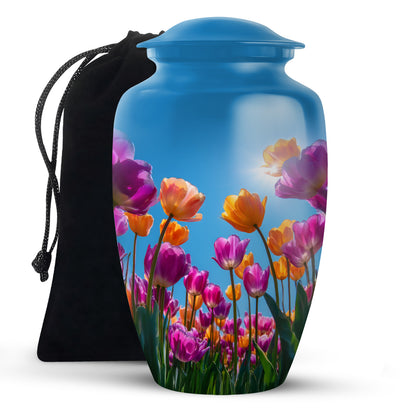 Navy Blue Garden Tulip Cremation Urn angled view of lid and engraved motif - timeless garden tulip motif etched into premium metal - full-size 10 inch 200 cubic inch adult cremation urn