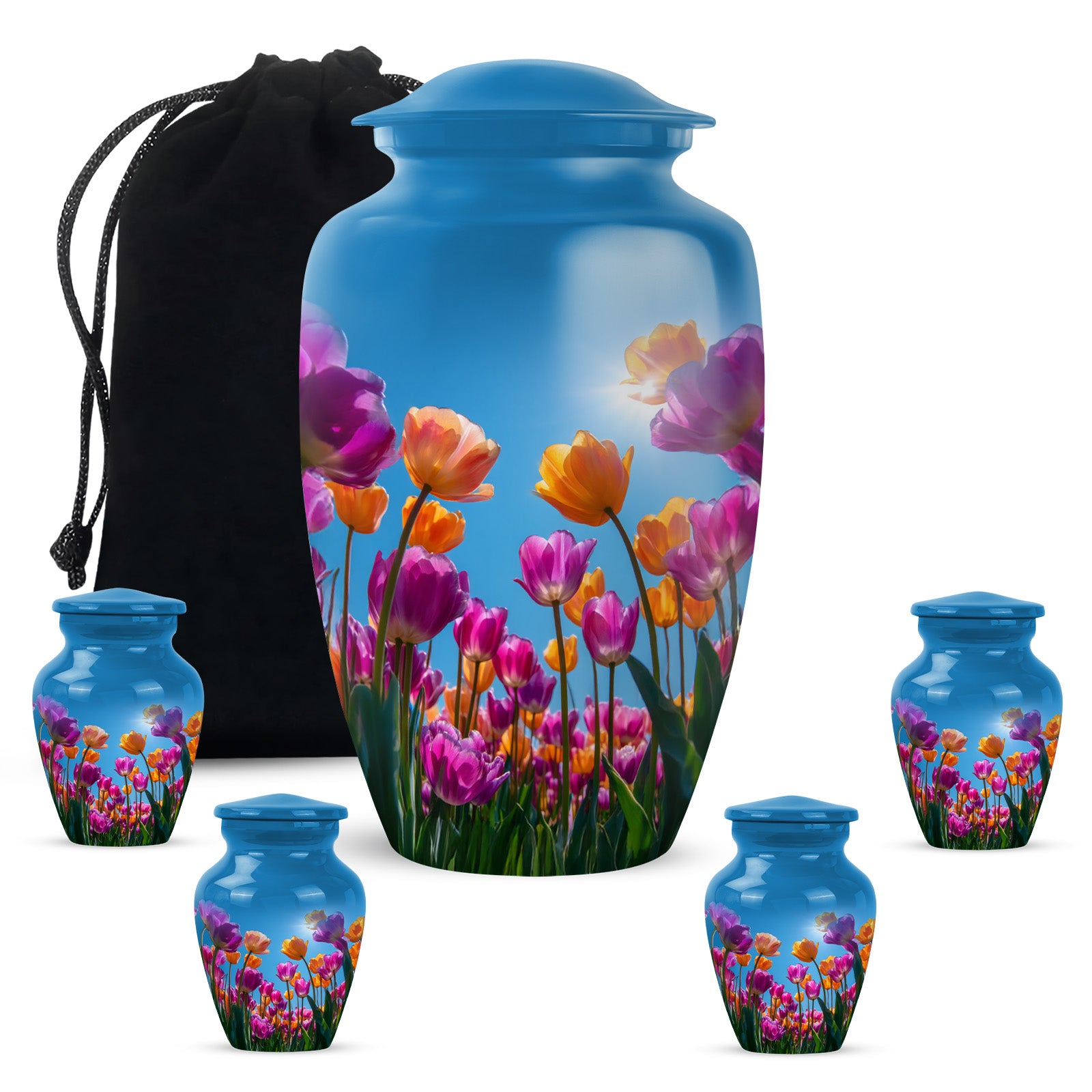 Navy Blue Garden Tulip Cremation Urn top-down view of secure threaded lid - classic sculpted garden tulip pattern on smooth aluminum - memorial set with one large and four small urns
