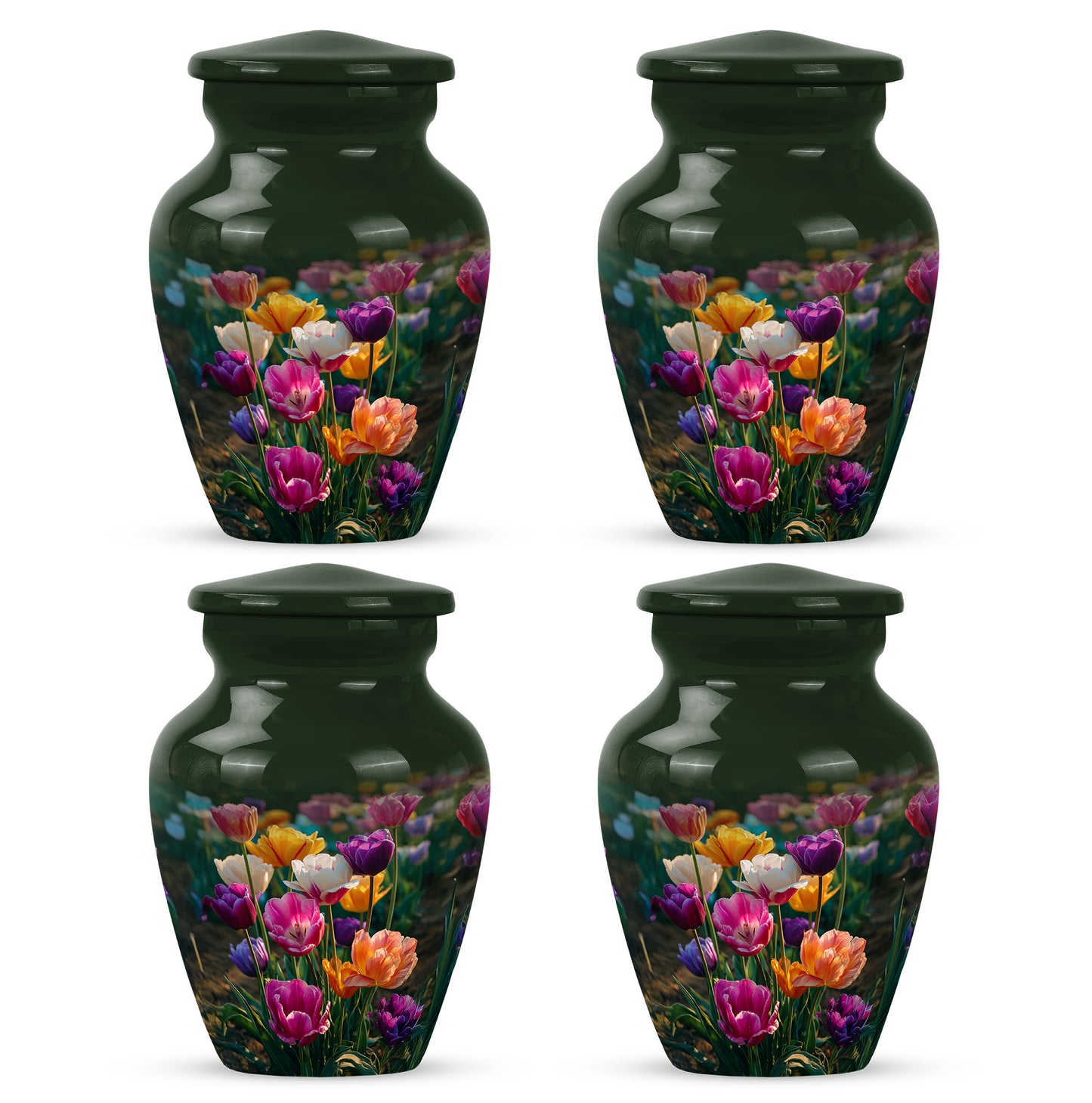 Jade Green Garden Tulip Cremation Urn side profile showing urn shape - classic sculpted garden tulip pattern on smooth aluminum - 10 inch aluminum urn for cremated remains