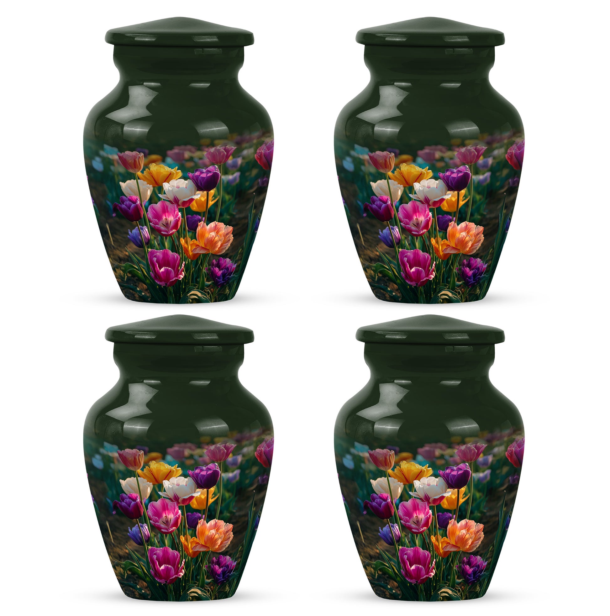 Jade Green Garden Tulip Cremation Urn side profile showing urn shape - classic sculpted garden tulip pattern on smooth aluminum - 10 inch aluminum urn for cremated remains
