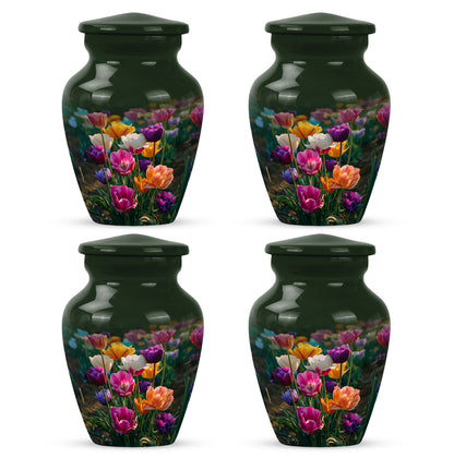 Jade Green Garden Tulip Cremation Urn side profile showing urn shape - classic sculpted garden tulip pattern on smooth aluminum - 10 inch aluminum urn for cremated remains