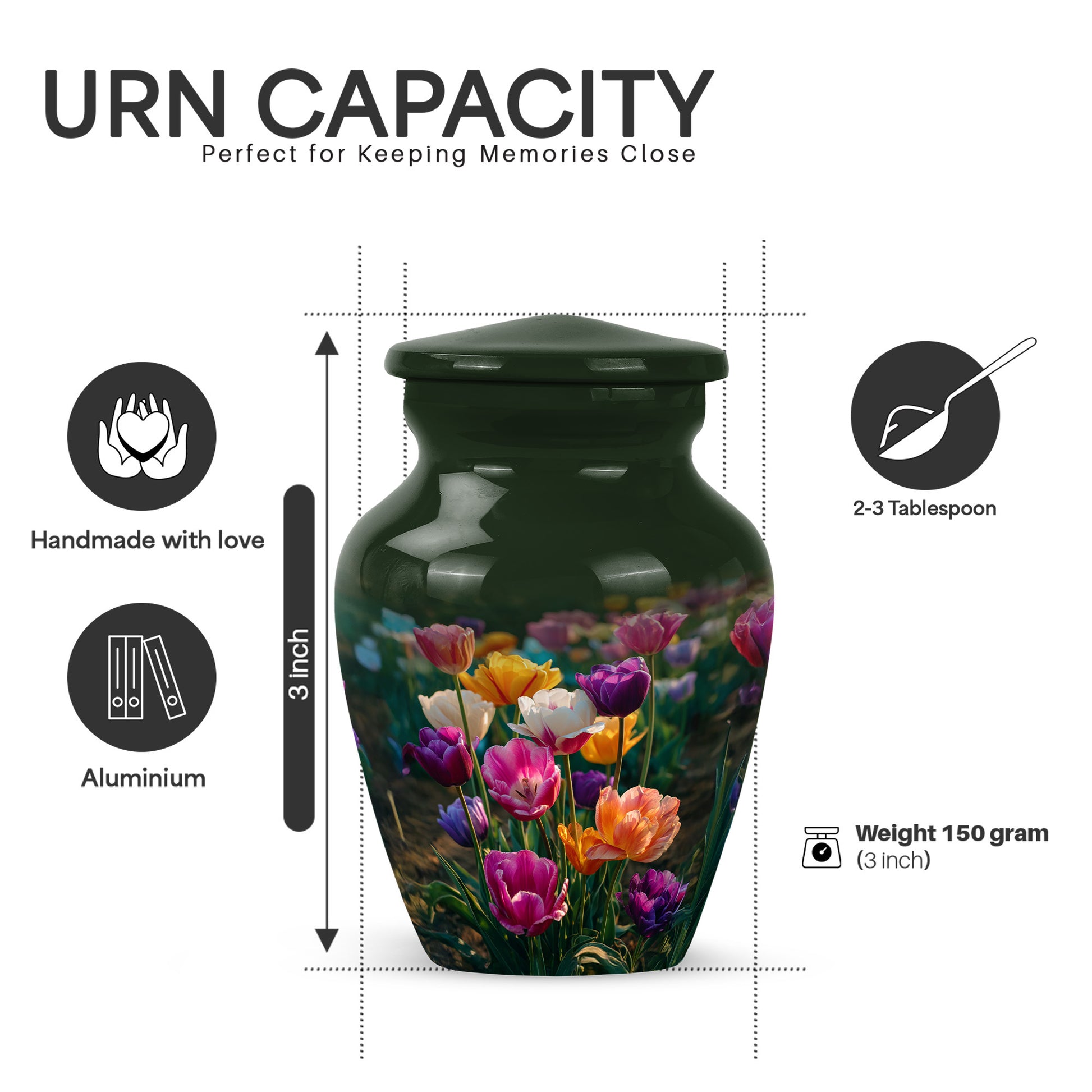 Jade Green Garden Tulip Cremation Urn close-up of engraving and surface detail - classic sculpted garden tulip pattern on smooth aluminum - mini keepsake memorial for portion of cremation ashes