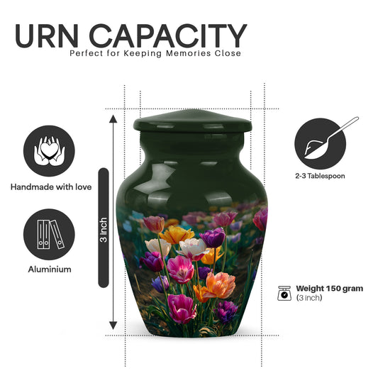 Jade Green Garden Tulip Cremation Urn close-up of engraving and surface detail - classic sculpted garden tulip pattern on smooth aluminum - mini keepsake memorial for portion of cremation ashes