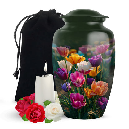 Forest Green Garden Tulip Cremation Urn angled view of lid and engraved motif - traditional garden tulip engraving with hand-polished finish - full-size 10 inch 200 cubic inch adult cremation urn