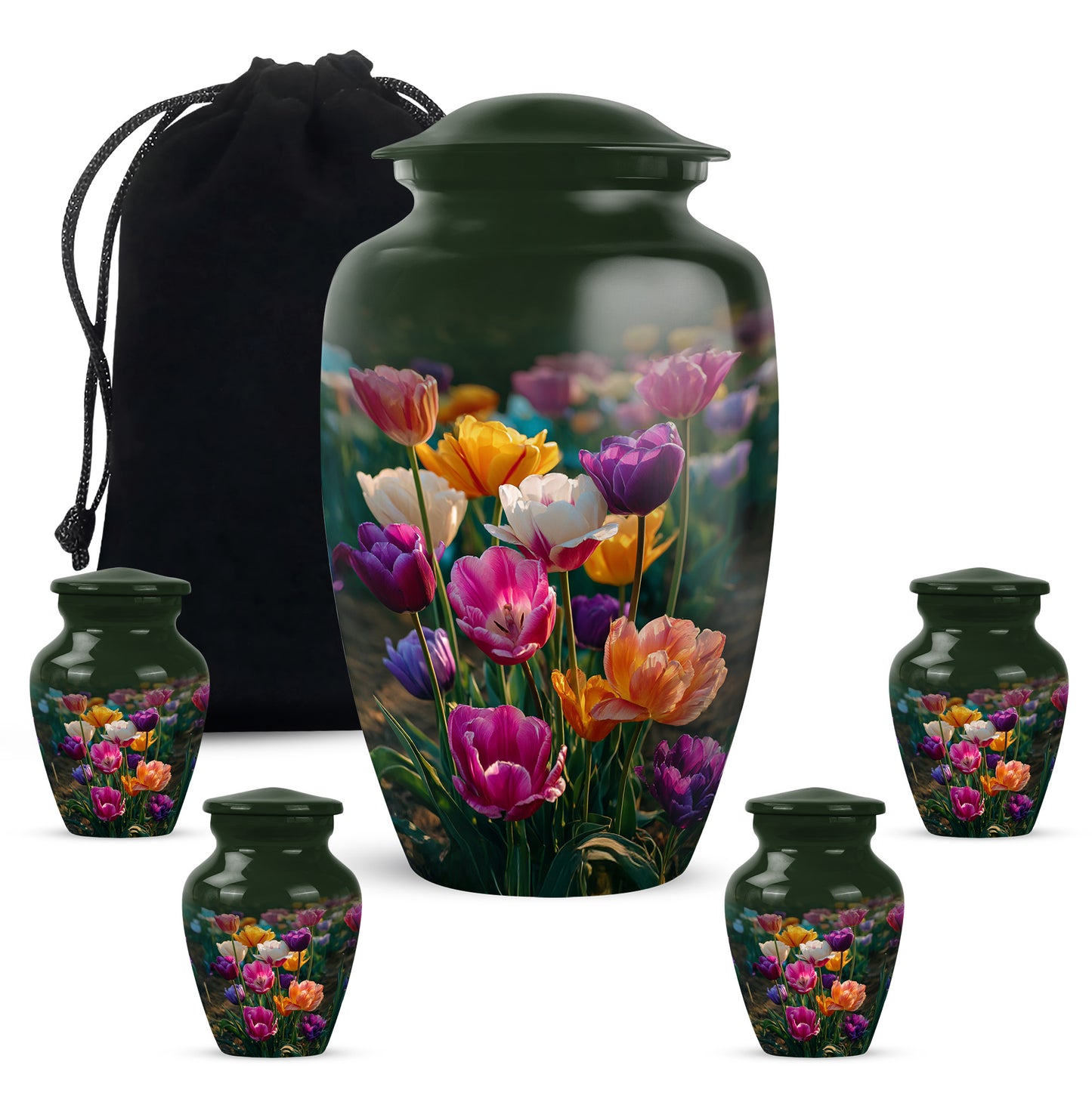 Forest Green Garden Tulip Cremation Urn top-down view of secure threaded lid - elegant classic garden tulip relief with fine detailing - memorial set with one large and four small urns