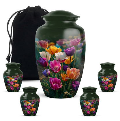 Forest Green Garden Tulip Cremation Urn top-down view of secure threaded lid - elegant classic garden tulip relief with fine detailing - memorial set with one large and four small urns