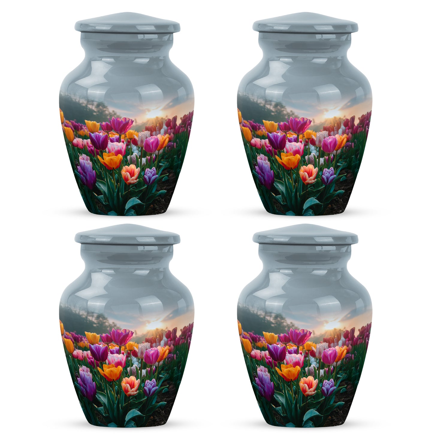 Vivid Blue Garden Tulip Cremation Urn side profile showing urn shape - elegant classic garden tulip relief with fine detailing - 10 inch aluminum urn for cremated remains