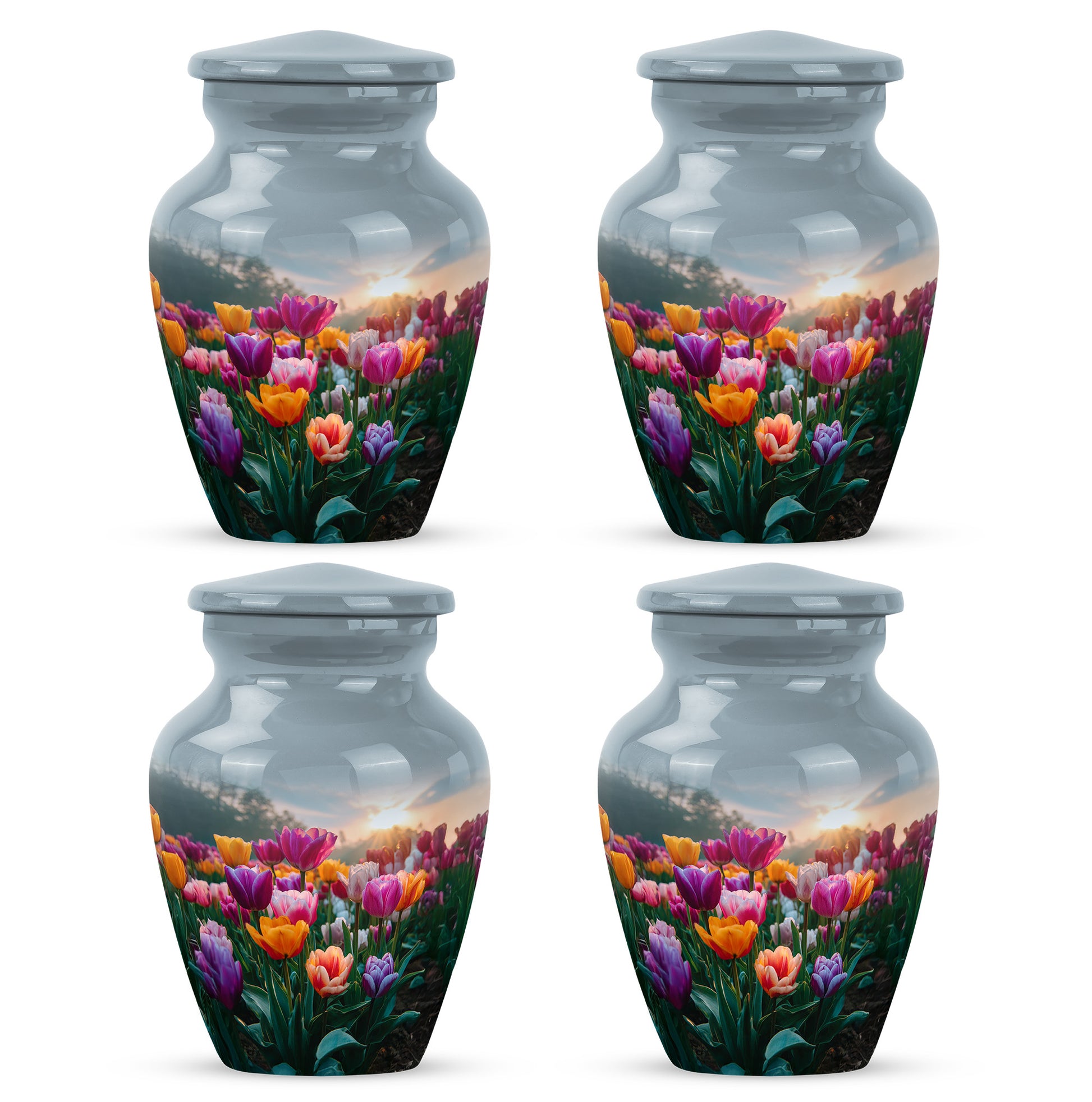 Vivid Blue Garden Tulip Cremation Urn side profile showing urn shape - elegant classic garden tulip relief with fine detailing - 10 inch aluminum urn for cremated remains