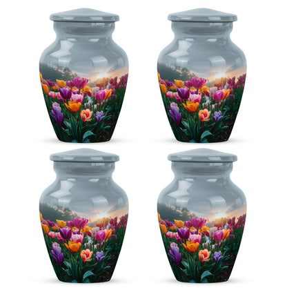 Vivid Blue Garden Tulip Cremation Urn side profile showing urn shape - elegant classic garden tulip relief with fine detailing - 10 inch aluminum urn for cremated remains