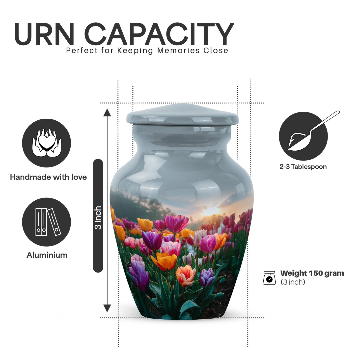 Soft Blue Garden Tulip Cremation Urn close-up of engraving and surface detail - traditional garden tulip engraving with hand-polished finish - mini keepsake memorial for portion of cremation ashes