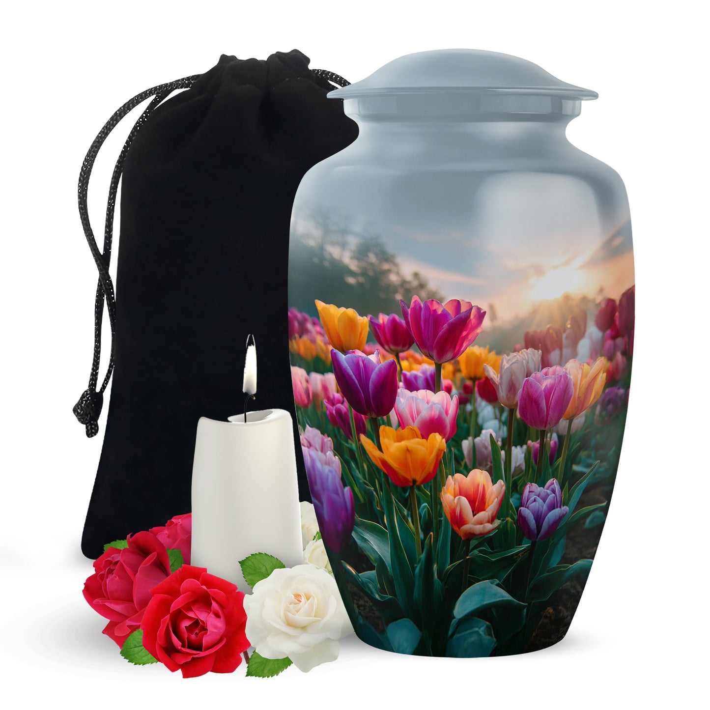 Twilight Blue Garden Tulip Cremation Urn angled view of lid and engraved motif - traditional garden tulip engraving with hand-polished finish - full-size 10 inch 200 cubic inch adult cremation urn