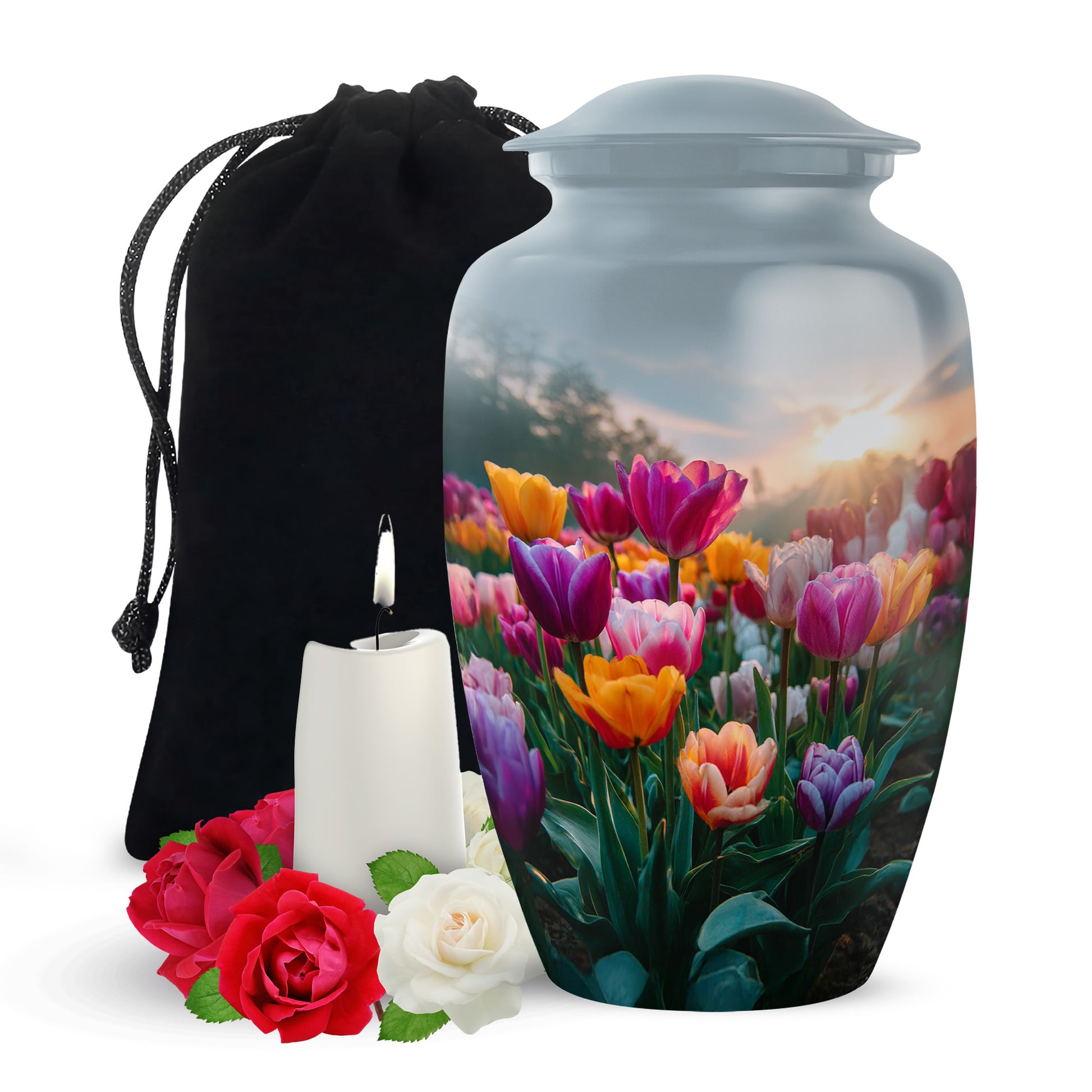 Twilight Blue Garden Tulip Cremation Urn angled view of lid and engraved motif - traditional garden tulip engraving with hand-polished finish - full-size 10 inch 200 cubic inch adult cremation urn