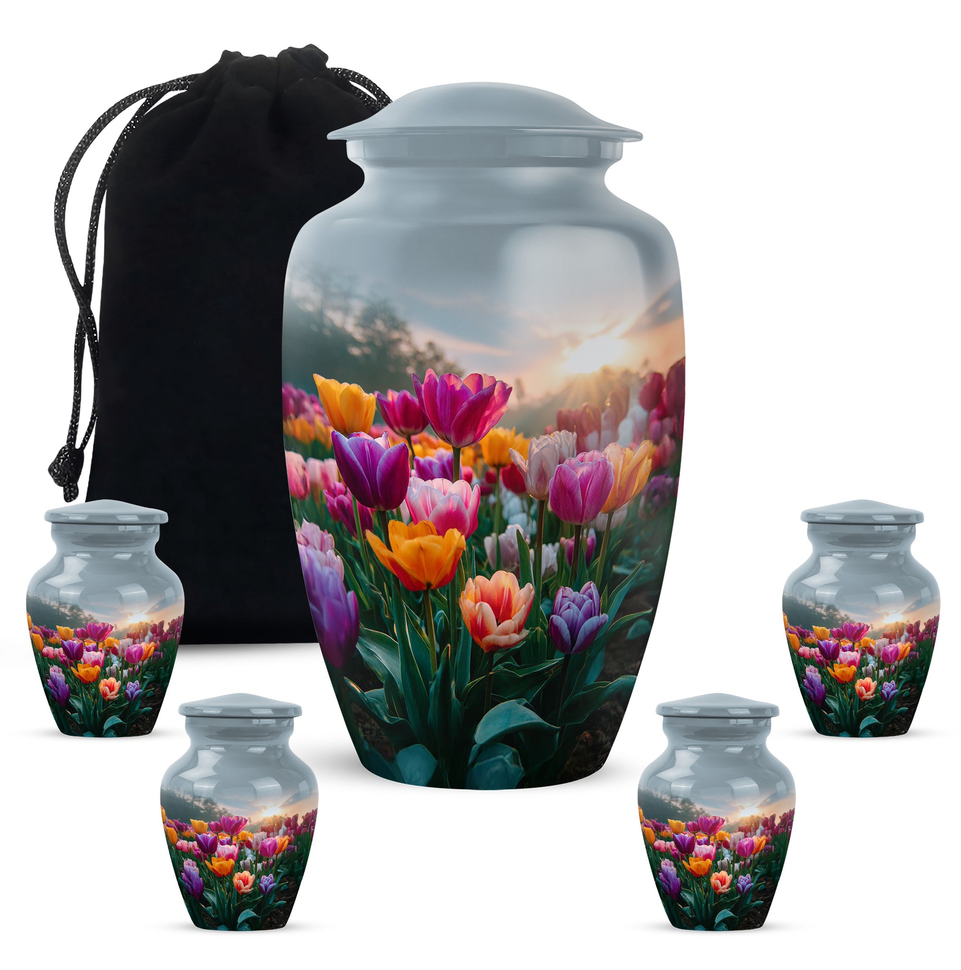 Icy Blue Garden Tulip Cremation Urn top-down view of secure threaded lid - classic sculpted garden tulip pattern on smooth aluminum - memorial set with one large and four small urns