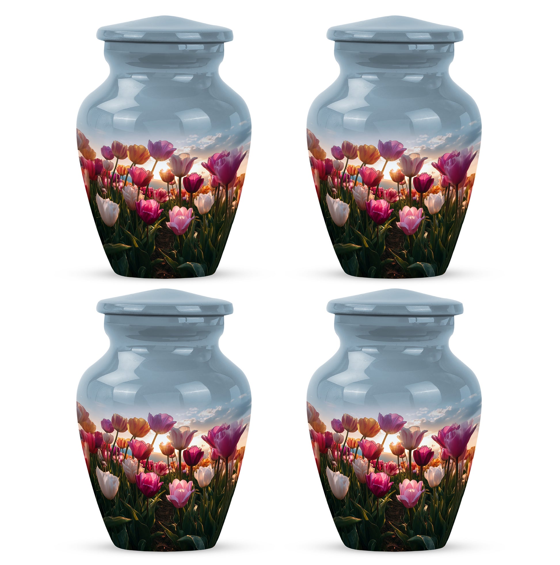 Slate Blue Garden Tulip Cremation Urn side profile showing urn shape - timeless garden tulip motif etched into premium metal - 10 inch aluminum urn for cremated remains