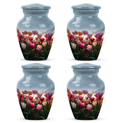 Slate Blue Garden Tulip Cremation Urn side profile showing urn shape - timeless garden tulip motif etched into premium metal - 10 inch aluminum urn for cremated remains