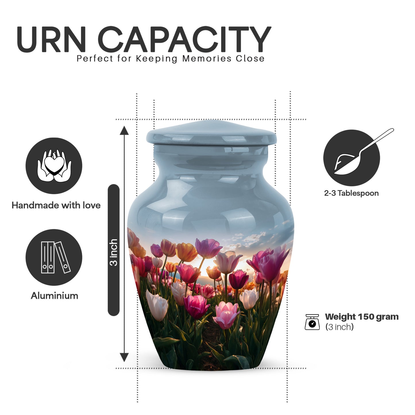 Slate Blue Garden Tulip Cremation Urn close-up of engraving and surface detail - timeless garden tulip motif etched into premium metal - mini keepsake memorial for portion of cremation ashes