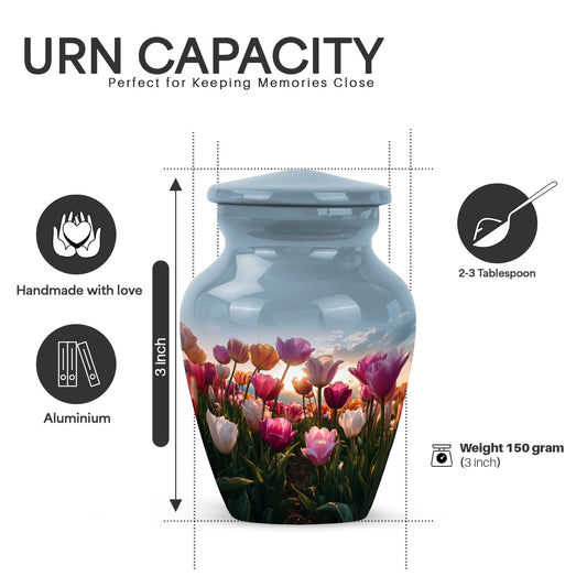 Slate Blue Garden Tulip Cremation Urn close-up of engraving and surface detail - timeless garden tulip motif etched into premium metal - mini keepsake memorial for portion of cremation ashes