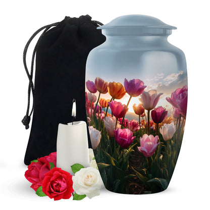 Cobalt Blue Garden Tulip Cremation Urn angled view of lid and engraved motif - traditional garden tulip engraving with hand-polished finish - full-size 10 inch 200 cubic inch adult cremation urn