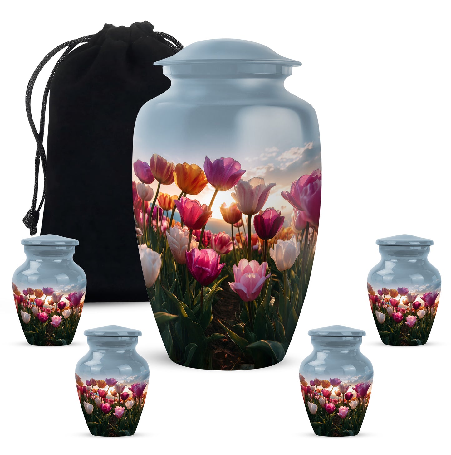 Bright Blue Garden Tulip Cremation Urn top-down view of secure threaded lid - elegant classic garden tulip relief with fine detailing - memorial set with one large and four small urns